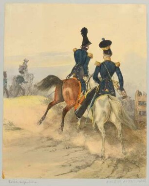Zwei Reiter der leichten Infanterie der Königlich Sächsischen Armee, Rückansicht, aus: Das deutsche Bundesheer in charakteristischen Gruppen, Bd. 2 Sachsen u. a.