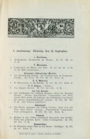 I. Auctionstag: Dienstag, den 21. September