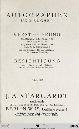 Nr. 399: Katalog / J. A. Stargardt: Autographen und Bücher : Versteigerung 3. Februar 1938