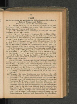 Tarif für die Benutzung der reichseigenen Häfen Prossen, Pirma-Copitz, Dresden-Pieschen und Meißen Finanzministerium, 21. November 1933.