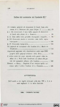 Indice del contenuto nel fascicolo III°
