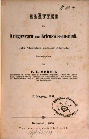 Blätter für Kriegswesen und Kriegswissenschaft. 2, 2. 1857