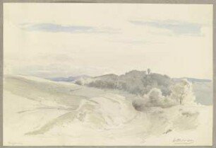 Fahrweg durch eine Hügellandschaft bei Blankenburg im Harz, in der Ferne Schloss Blankenburg