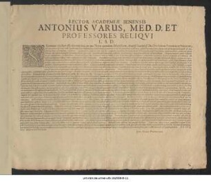 Rector Academiae Ienensis Antonius Varus, Med. D. Et Professores Reliqui L.S.D. : Septimanae vixdum effluxere triginta ... P.P. XVII. Xbris Anno MDCXXXIV.