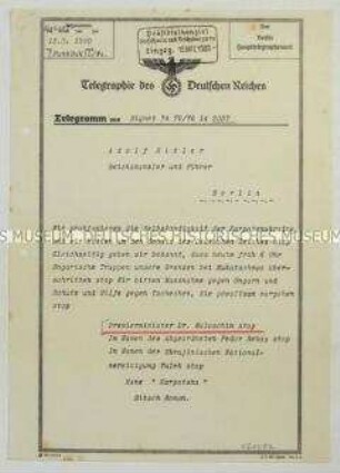 Telegramm an Hitler mit Proklamation der Selbstständigkeit der Karpatoukraine und Beistandsgesuch gegen ungarischen Einmarsch