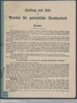 Quittung und Bitte des Vereins für patriotische Dankbarkeit in Dresden