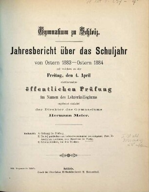 Jahresbericht : über das Schuljahr von Ostern ... bis Ostern ... 1883/84