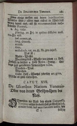 Caput. XVII. De Ulceribus Narium Venereis. Oder von denen Geschwähren der Nase.