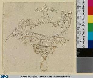 Entwurf für einen Parfüm-Anhänger mit Sirene auf einem Drachen, mit Diamant und Perle