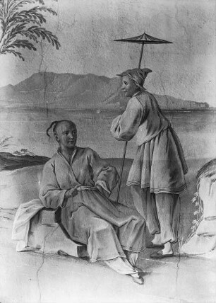 Detail der Wanddekoration zwei Chinesen am Flussufer