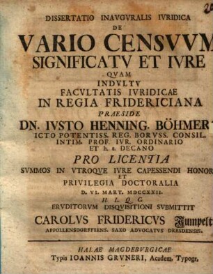 Dissertatio Inavgvralis Ivridica De Vario Censvvm Significatv Et Ivre