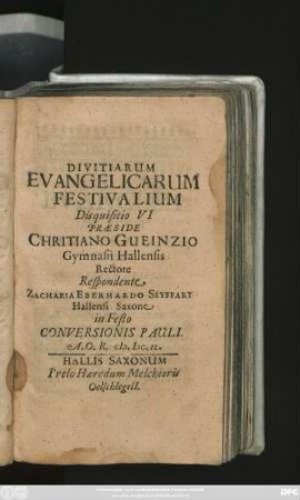 Divitiarum Evangelicarum Festivalium Disquisitio VI