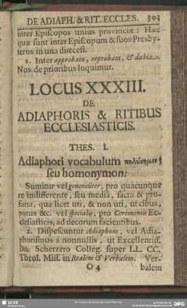 Locus XXXIII. De Adiaphoris & Ritibus Ecclesiasticis