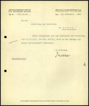 Schreiben; AIDR an DAI Athen (Quittungsheft)