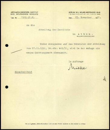 Schreiben; AIDR an DAI Athen (Quittungsheft)