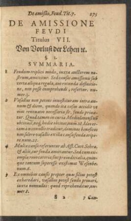 De Amissione Feudi Titulus VII. Von Vorlust der Lehen etc.