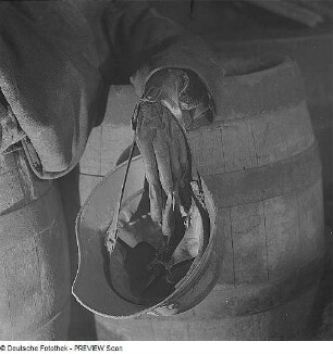 Dresden. Leichnam mit Stahlhelm an der Hand im Luftschutzkeller von "Rothe's Bierstuben"