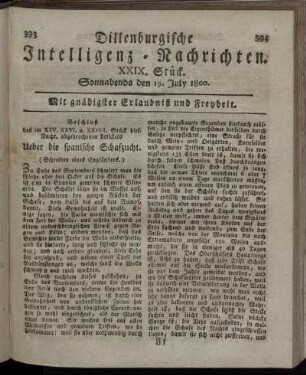 XXIX. Stück. Sonnabends den 19. July 1800.
