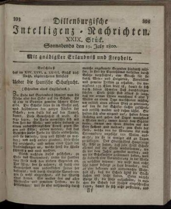 XXIX. Stück. Sonnabends den 19. July 1800.
