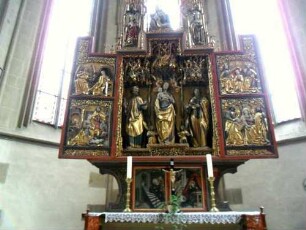 Rieden-Chor Innen-Hochaltar (Tryptichon mit Predella) - um 1510 von Hans Beuscher-Zentralteil mit vollplastischen Figuren in Farbigkeit in Übersicht