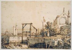 Capriccio mit einem Schleusentor an einem Fluß
