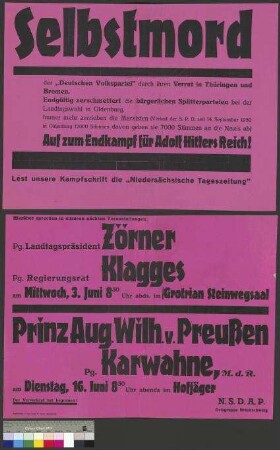 Plakat der NSDAP zu öffentlichen Parteiveranstaltungen am 3. Juni und 16. Juni 1931 in Braunschweig