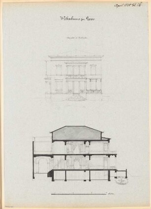 Villa, Gera Monatskonkurrenz April 1878: Aufriss Gartenansicht, Querschnitt; Maßstabsleiste