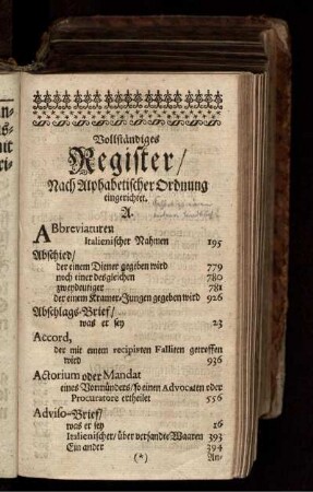 Vollständiges Register/ Nach Alphabetischer Ordnung eingerichtet
