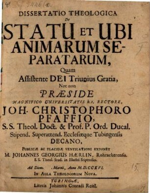 Diss. theol. de statu et ubi animarum separatarum