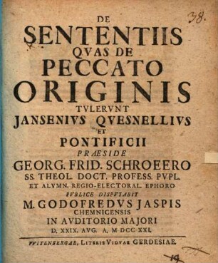 De sententiis, quas de peccato originis tulerunt Iansenius, Quesnellius et pontificii