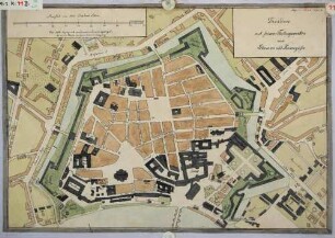 Stadtplan der heutigen Altstadt von Dresden mit Festungsanlagen und davorliegenden Vorstädten, Legende und Maßstab in Dresdner Ellen nach Lehmann und Kannegieser