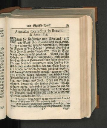Articulus Correctus in Recessu de Anno 1618.
