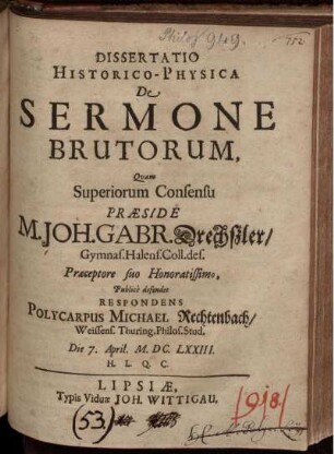 Dissertatio Historico-Physica De Sermone Brutorum