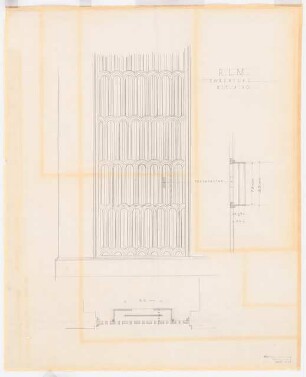 Reichsluftfahrtministerium, Berlin: Saalbau, Ehren-/Festsaal (Empore und Orgel, Orgelgitter): Ansicht, Grundriss 1:10