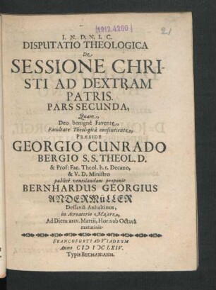 Disputatio Theologica De Sessione Christi Ad Dextram Patris : Pars Secunda