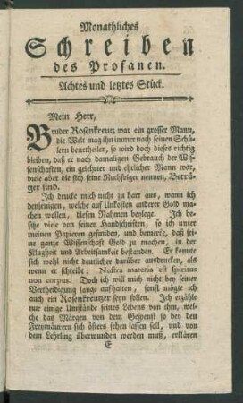 Monathliches Schreiben des Profanen. Achtes und letztes Stück.