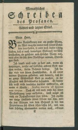 Monathliches Schreiben des Profanen. Achtes und letztes Stück.