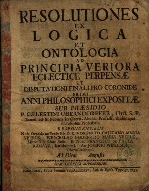 Resolutiones Ex Logica Et Ontologia : Ad Principia Veriora Eclectice Perpensae Et Disputationi Finali ... Expositae