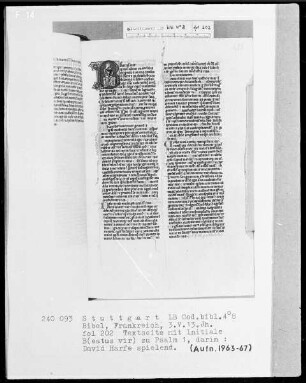 Lateinische Taschenbibel — Initiale B (eatus vir), darin David als Psalmist, Folio 202recto