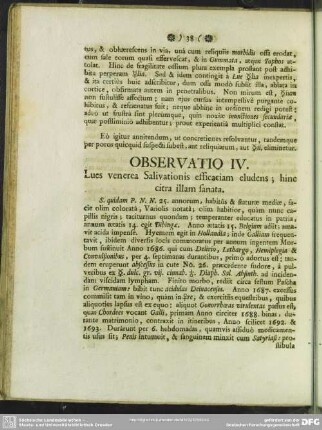 Observatio IV. Lues venerea Salivationis efficaciam eludens; hinc citra illam sanata