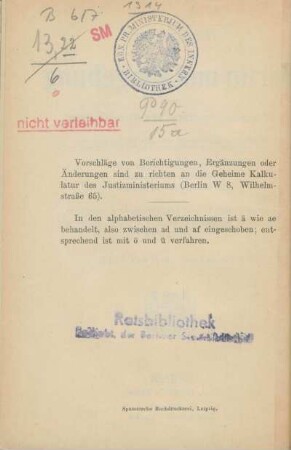 Stempel: Kön. Pr. Ministerium des Innern. Bibliothek