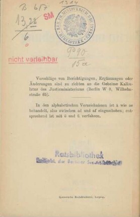 Stempel: Kön. Pr. Ministerium des Innern. Bibliothek