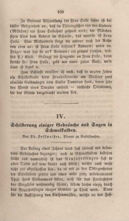IV. Schilderung einiger Gebräuche und Sagen in Schmalkalden.