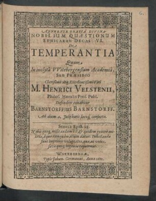 Nobilium Quaestionum Ethicarum Decas VI. De Temperantia