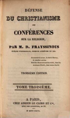 Défense du Christianisme ou conférences sur la religion, 3