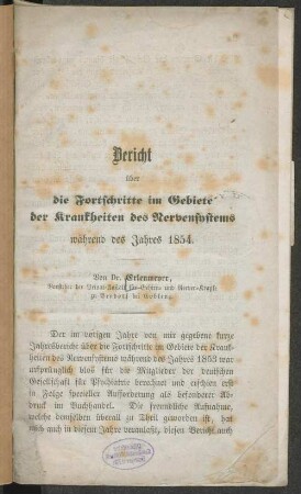 Bericht über die Fortschritte im Gebiete der Krankheiten des Nervensystems während des Jahres 1854
