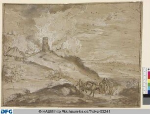 Hügelige Landschaft mit rastender Reitergruppe im Vordergrund