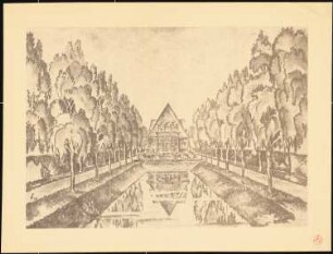 Garten Bergmann, Schneverdingen: Perspektivische Ansicht mit Blick über das Wasserbecken zum Haus