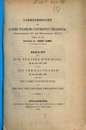 Bericht über die Preisaufgaben für das Jahr .... Preisbewerbung 1877/78 und Preisaufgaben 1878/79