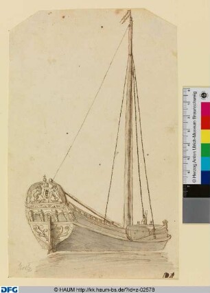 Segelschiff mit einem Mast, im Heckspiegel Amsterdamer Wappen